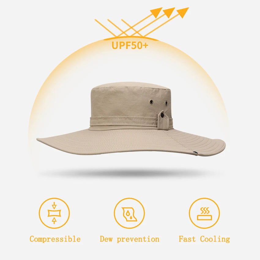 Chapeau de seau d'été Cowboy Hommes Pêche en plein air Randonnée Plage Chapeaux Maille Respirant Anti UV Casquette de soleil Grand Large Bord