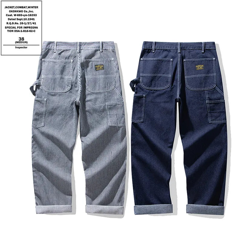 Pantalon de travail en denim original OKONKWO pour les cheminots Pantalon de travail rayé multi-poches AMEKAJI Pantalon de randonnée en plein air pour le camping