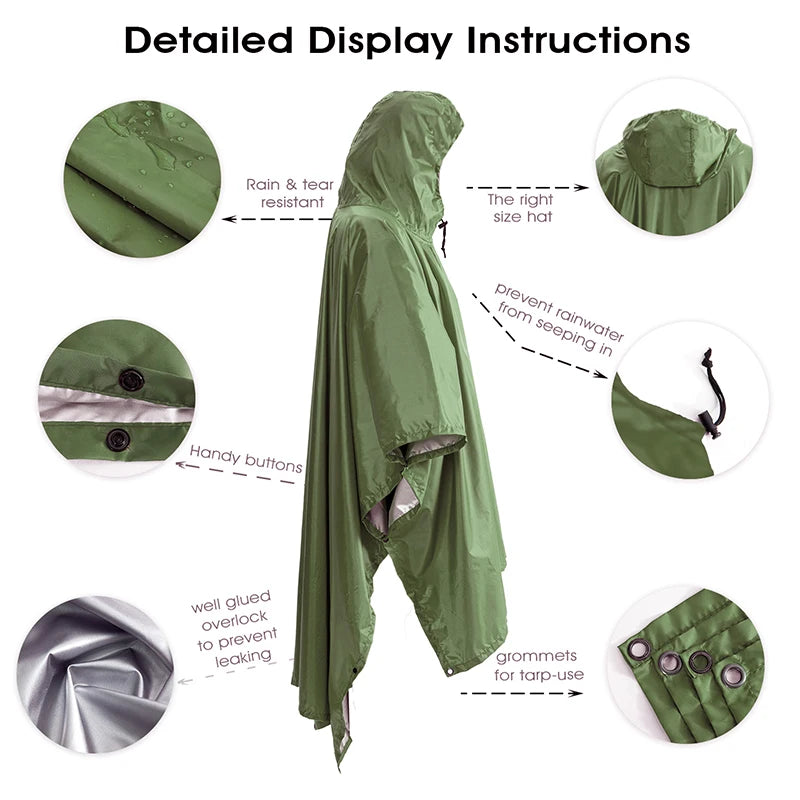 Portable Multifunctional 3 In 1 Rain Coat Hiking Camping Raincoat Poncho Mat Awning Durable Outdoor Activity Rain Gear Supplie