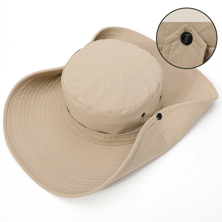 Chapeau de seau d'été Cowboy Hommes Pêche en plein air Randonnée Plage Chapeaux Maille Respirant Anti UV Casquette de soleil Grand Large Bord