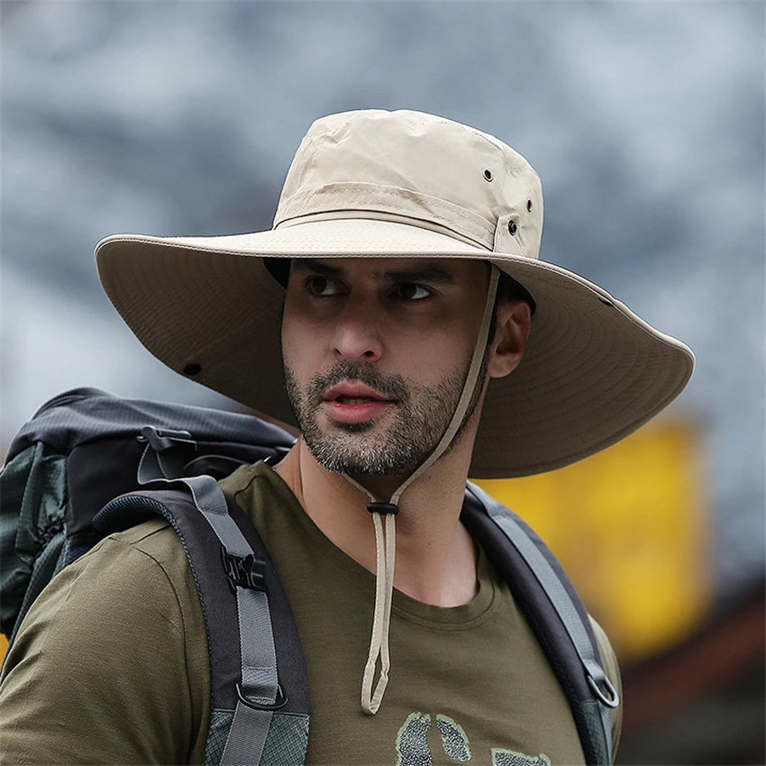 Chapeau de seau d'été Cowboy Hommes Pêche en plein air Randonnée Plage Chapeaux Maille Respirant Anti UV Casquette de soleil Grand Large Bord