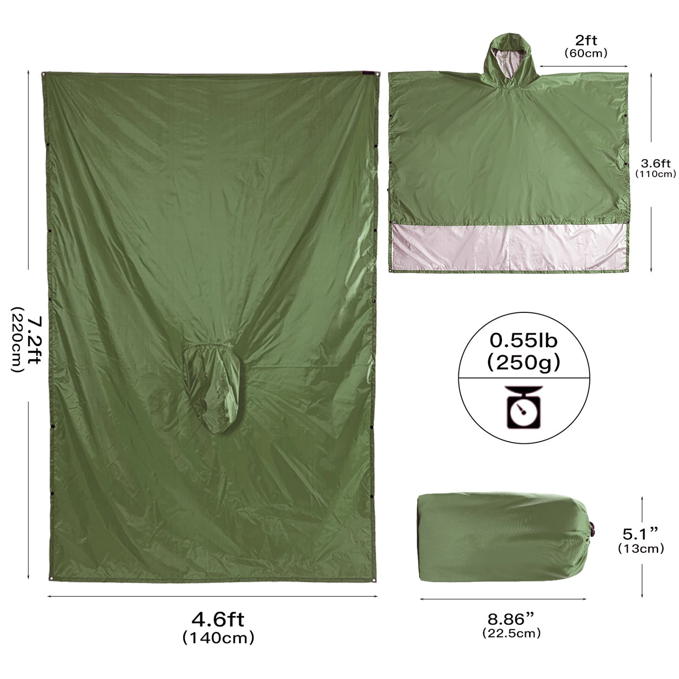 Portable Multifunctional 3 In 1 Rain Coat Hiking Camping Raincoat Poncho Mat Awning Durable Outdoor Activity Rain Gear Supplie