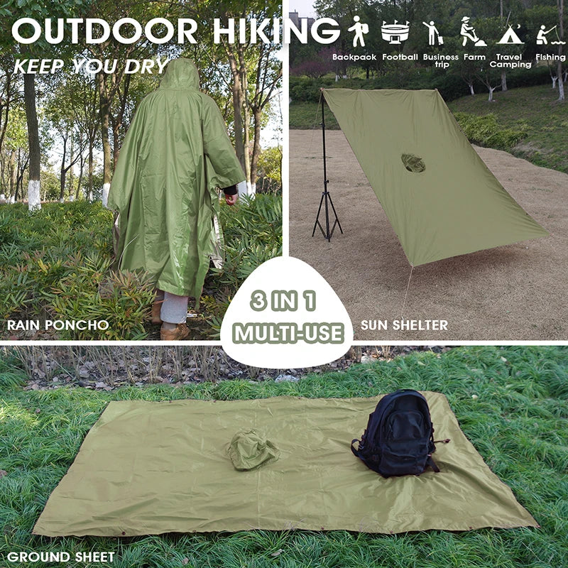 Portable Multifunctional 3 In 1 Rain Coat Hiking Camping Raincoat Poncho Mat Awning Durable Outdoor Activity Rain Gear Supplie